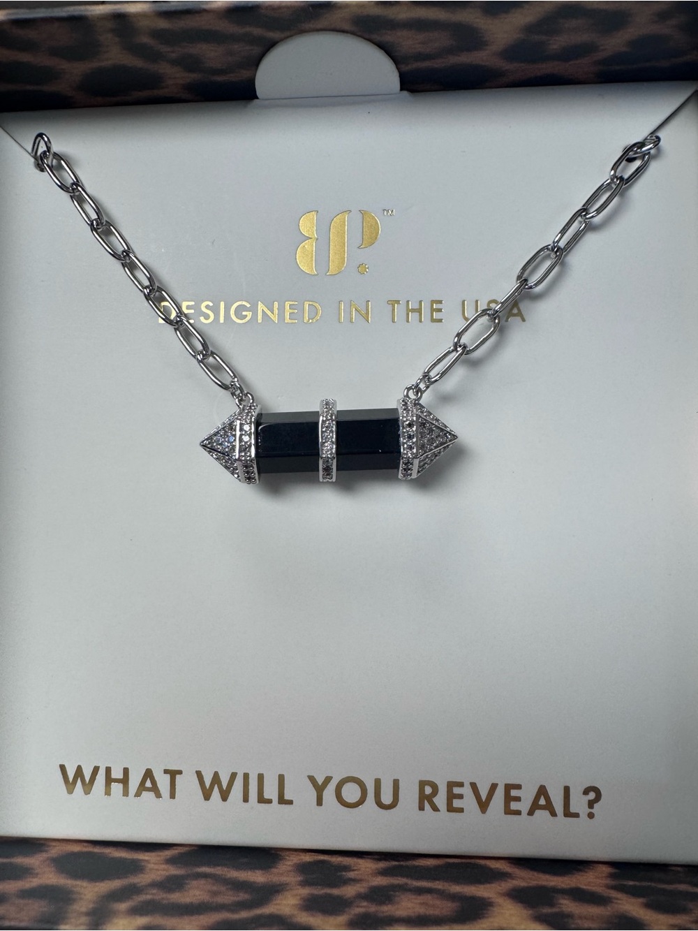 bp Silver Chain Necklace with Black Crystal Bar and Pavé Tips